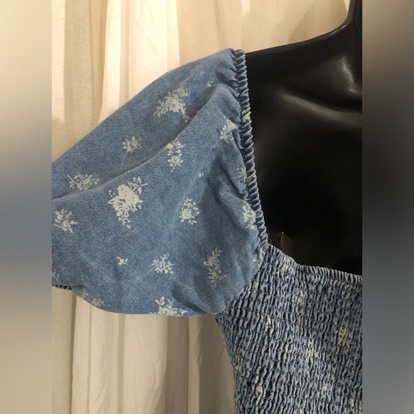 Denim printed puff sleeve smocked tiered boho long dress size large brand new - Picture 7 of 15